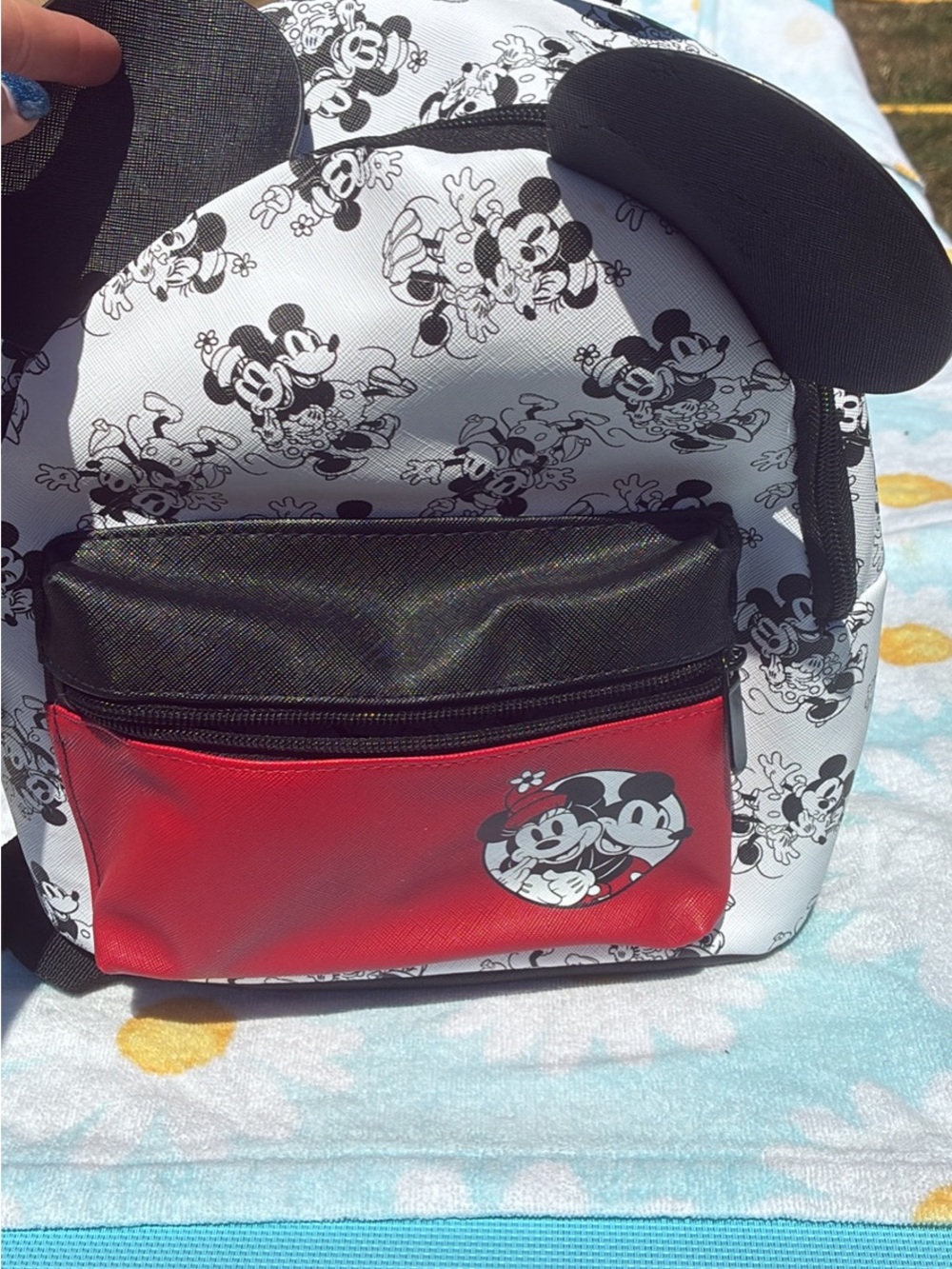 Disney Black & White Mickey Mouse Pattern Backpack with Red Front Pocket